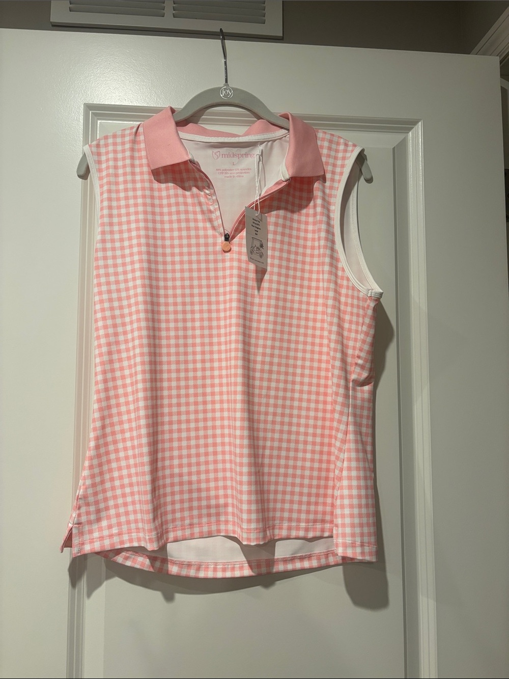 Sleeveless Pink Gingham Polo Top by mid spring Sz L